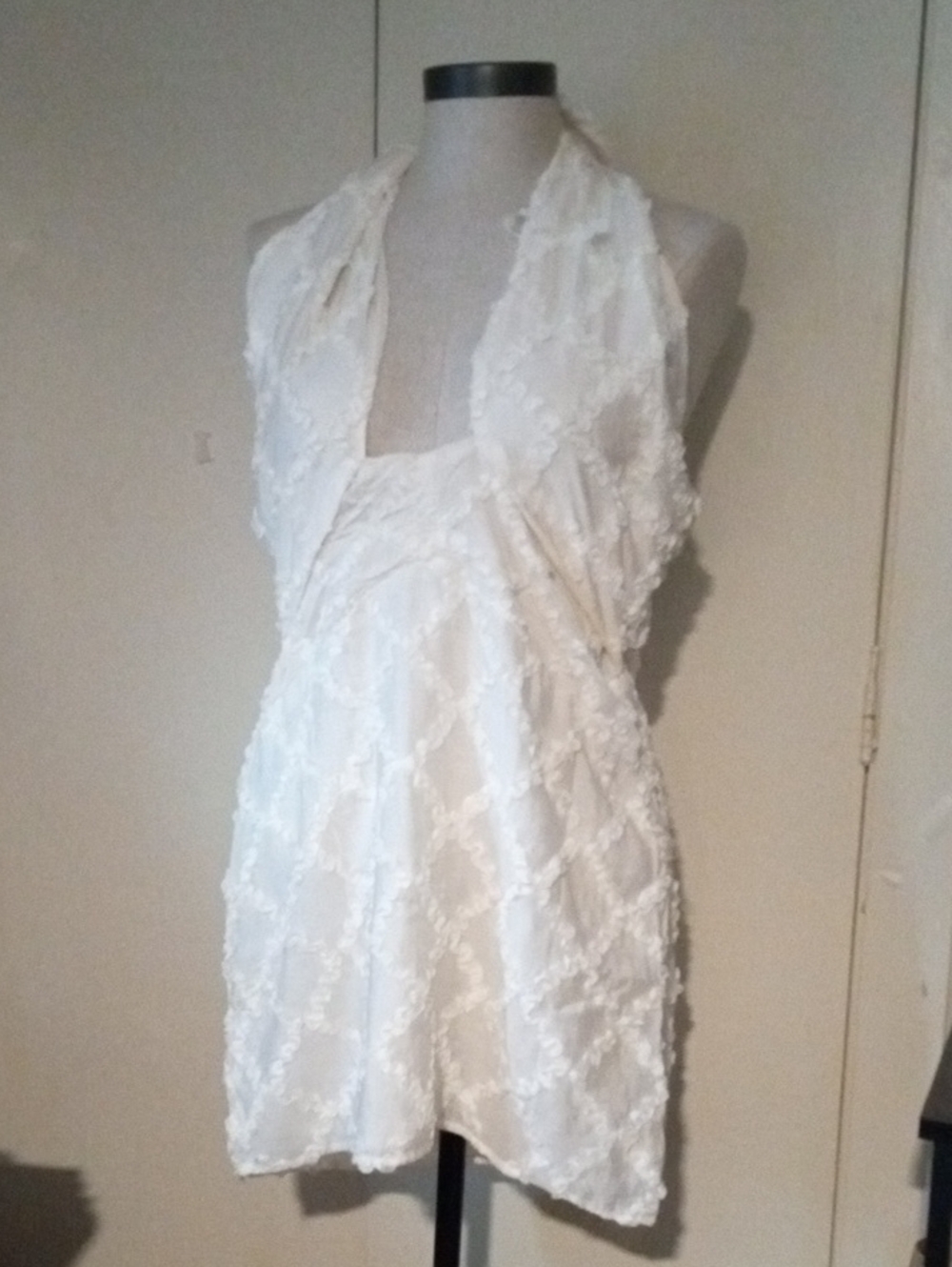 Sweet Pot White Shaggy Plunge Halter Mini Dress Size US 10 UA 14